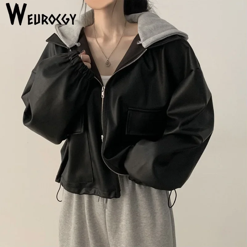 

Women Leather Coat 2024 Autumn Winter Korean Edition Fashion Casual All-matching Leather Coat Outerwear Zip-up Large Pocket Coat