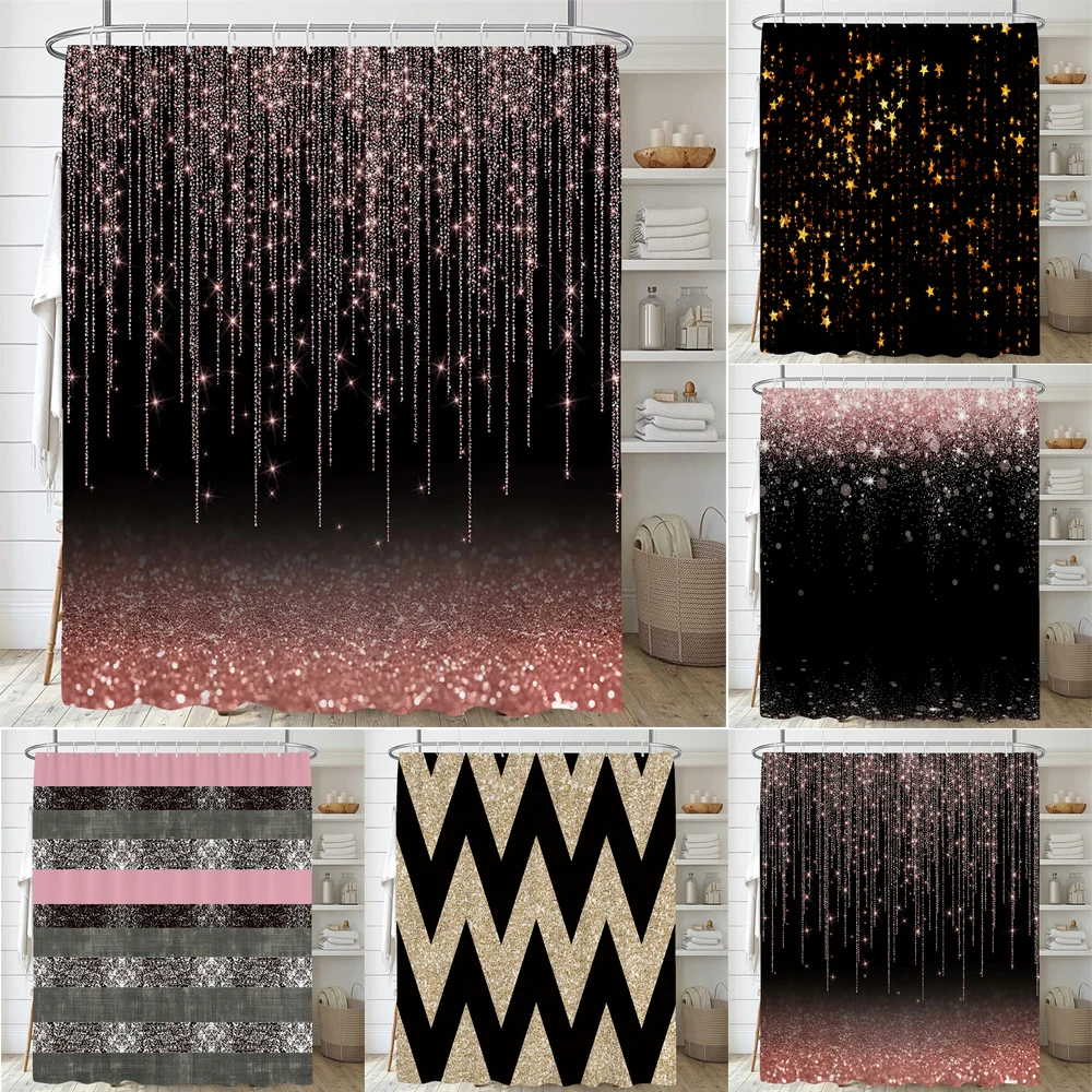 

Pink and Gold Star Glitters Shower Curtain Abstract Art Modern Bathroom Curtains Geometric Pattern Bath Curtain Bathroom Decor