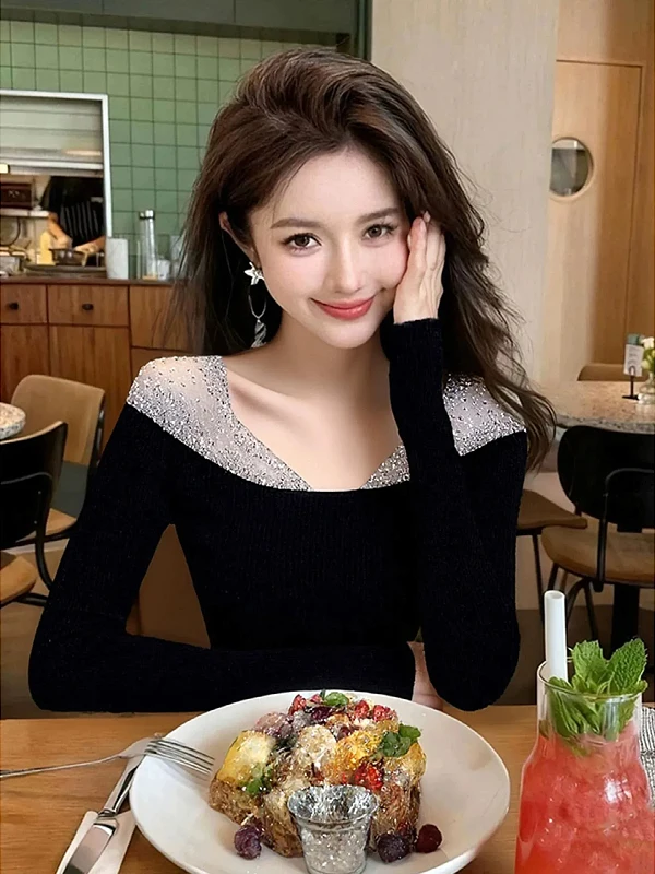 

Женская базовая футболка больших размеров с V-образным вырезом, длинным рукавом, на флисовой подкладке, с блестками и стразами, осенне-зимняя, с дизайнерскими вставками