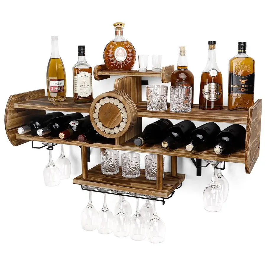 

Wine Rack Wall Mounted Wood,Alcohol Shelf with Bottle Stemware Glass Holder Rustic, Airplane Shape Multi Functional Liquor Displ