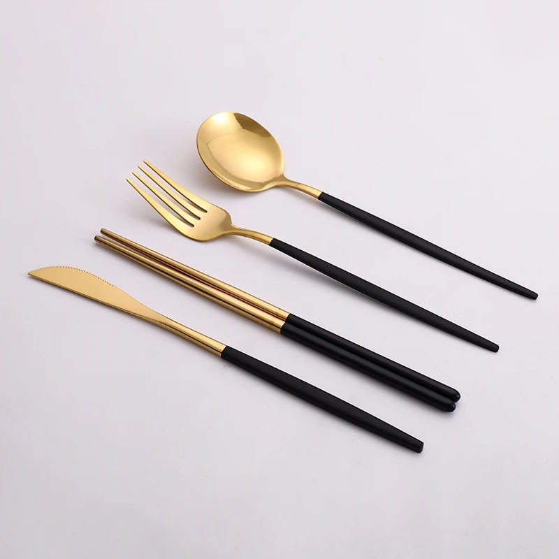 Gold Cutlery Set Korean Stainless Steel Tableware Set Fork Spoon And Chopsticks Set Golden Dinnerware Set Luxury Tableware Set