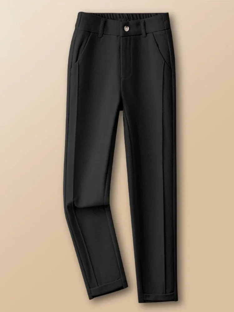 Nuevos pantalones de lana de invierno para mujer, pantalones Harem de cintura alta elásticos cálidos gruesos en espiga, pantalones holgados de moda negros hasta el tobillo