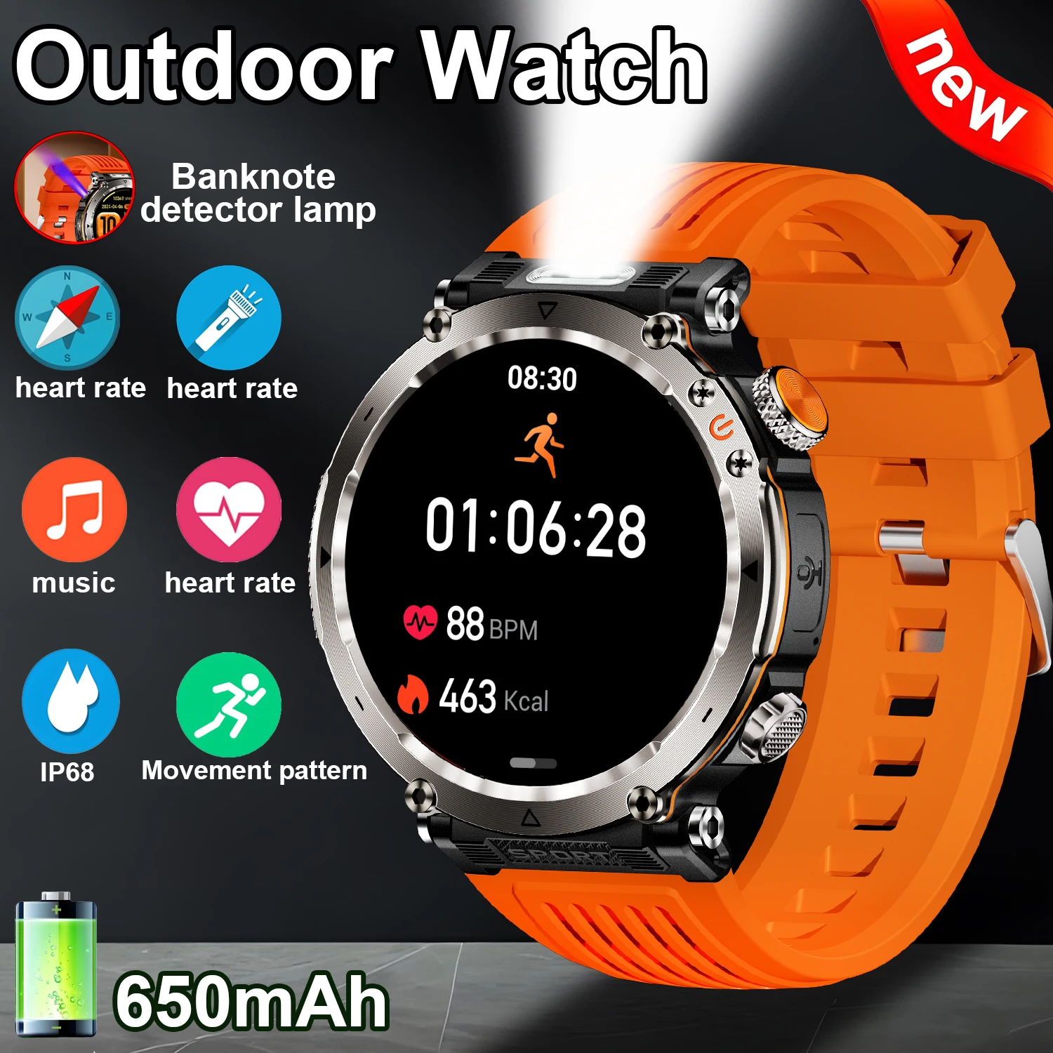 

Смарт-часы HT30, Bluetooth-вызов, мужские спортивные часы на открытом воздухе, фитнес-компас, мониторинг сердечного ритма, здоровья, 600 мАч, умные часы с большой батареей