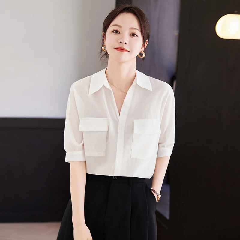 AIyssa Womens stylish and elegant office mid-sleeve shirt, simple and generous temperament, new style for spring and summer 2024