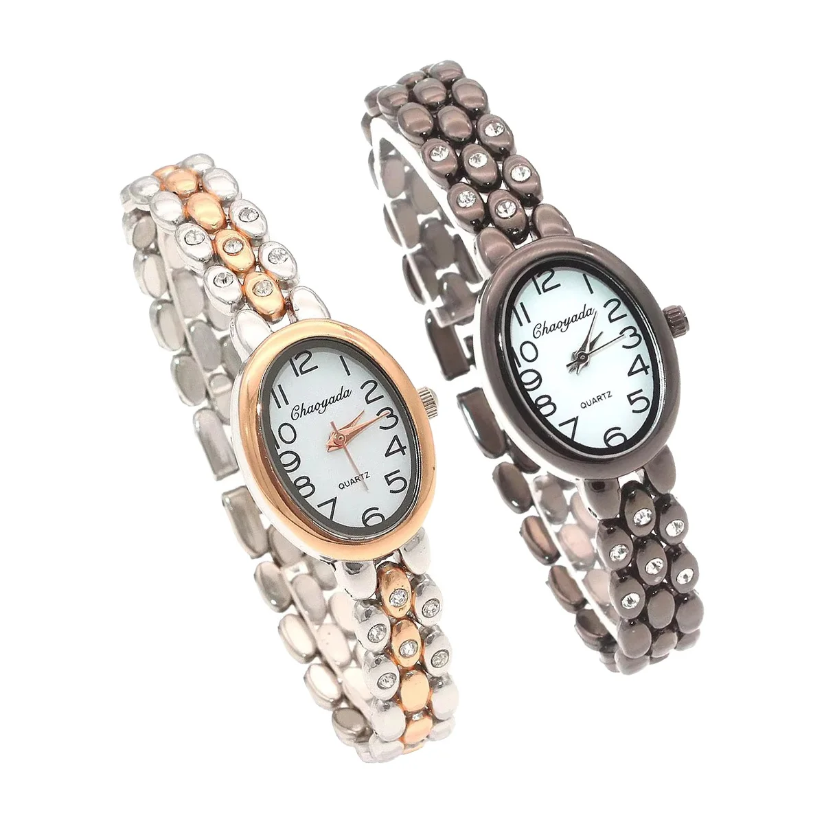 2Pcs Women's Bling Crystal Analog Quartz Wristwatch Elegant Dress Watch Ladies Fashion Timepiece