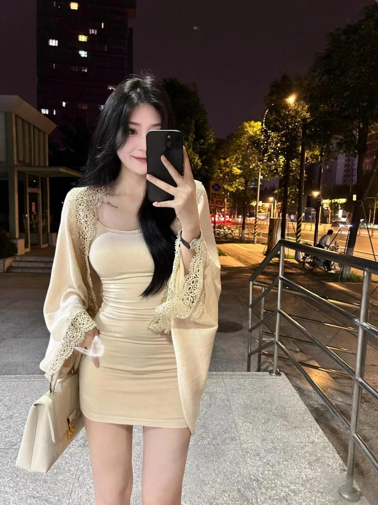 Korean New Women's Fashion Temperament 2 Piece Sets Long Sleeve Lace Patchwork Cardigan Coat Solid Sleeveless Vintage Vest Dress