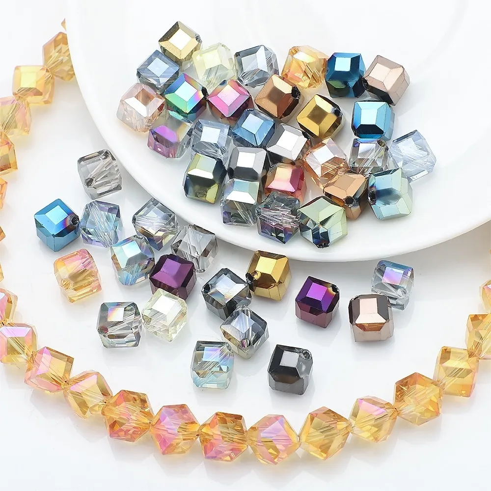 AB Color Cube Glass Beads Plated Square Diagonal Hole Faceted Crystal Beads Loose Spacer Beads for Jewelry Making DIY Bracelet
