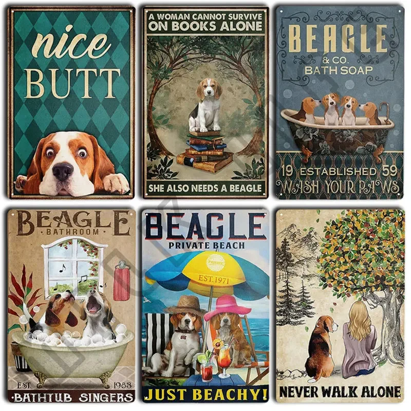 Funny Beagle Dog Metal Tin Sign Plate Retro Art for Bathroom Kitchen Restaurant Dessert Shop Pet Shop Farmhouse Home Room Decor