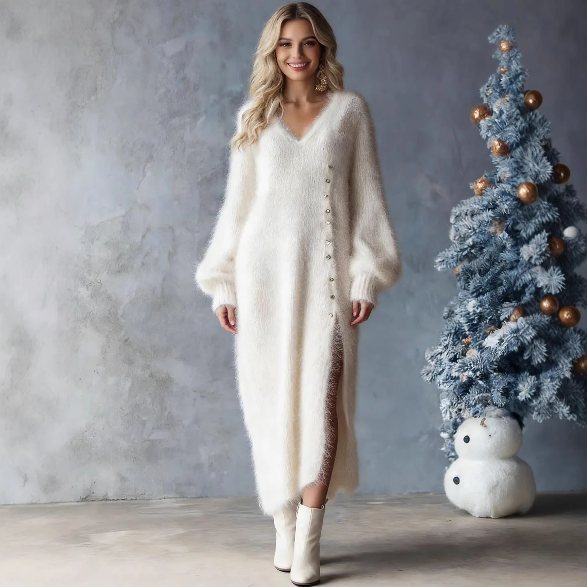 

2026 autumn and winter V-neck loose split dress temperament large size women's clothing medium and long