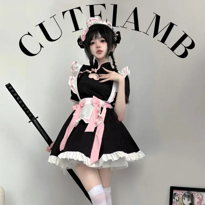 Chinese Style Maid Costumes Anime Lolita Sweet Pink Cheongsam Dress School Girl Halloween Animation Show Role Play Maids Outfit