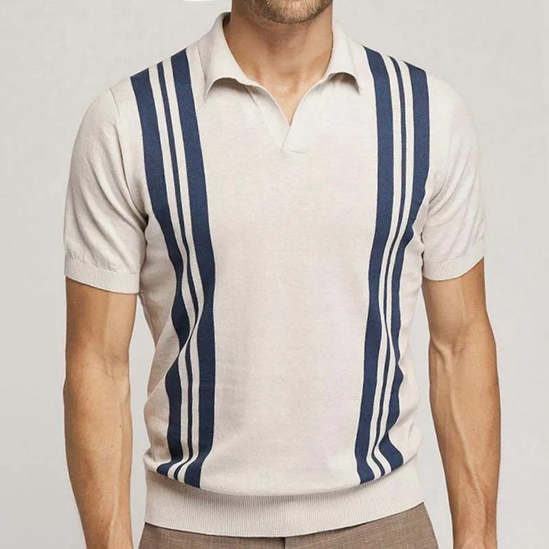 

Men's Summer irt Casual Knitted ort Sve Turn-down Collar Striped Color Blo T-irt Busin Casual Youth Faion