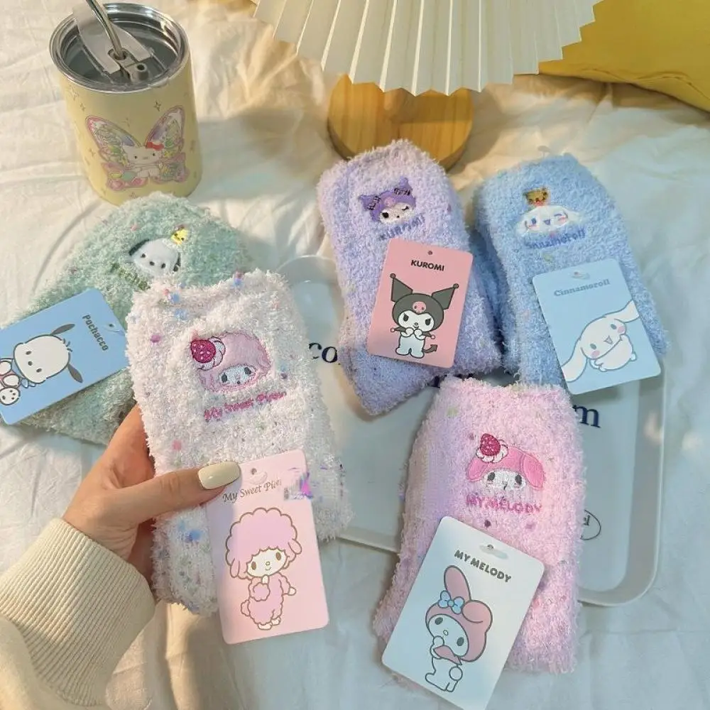 5pairs Sanrio Kuromi Cinnamoroll Melody Plush Color wave point Floor socks Macaron color Mid length sock Cartoon anime periphery