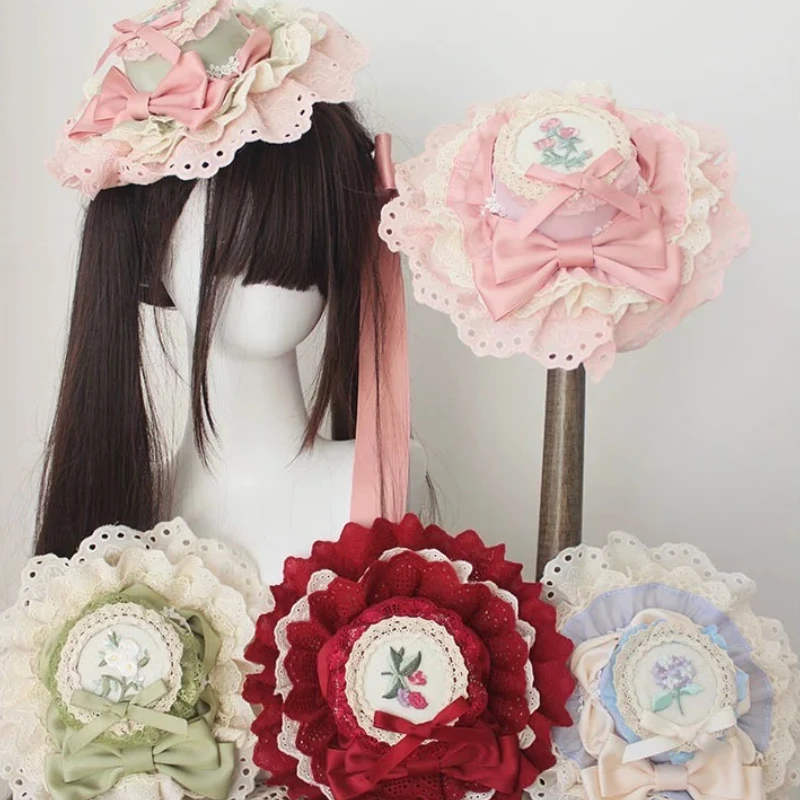 Original Handmade Small Formal Hat Sweet Lolita Lace Floral Embroidery Hat Women Vintage Victorian Elegant Ribbon Tea Party Cap
