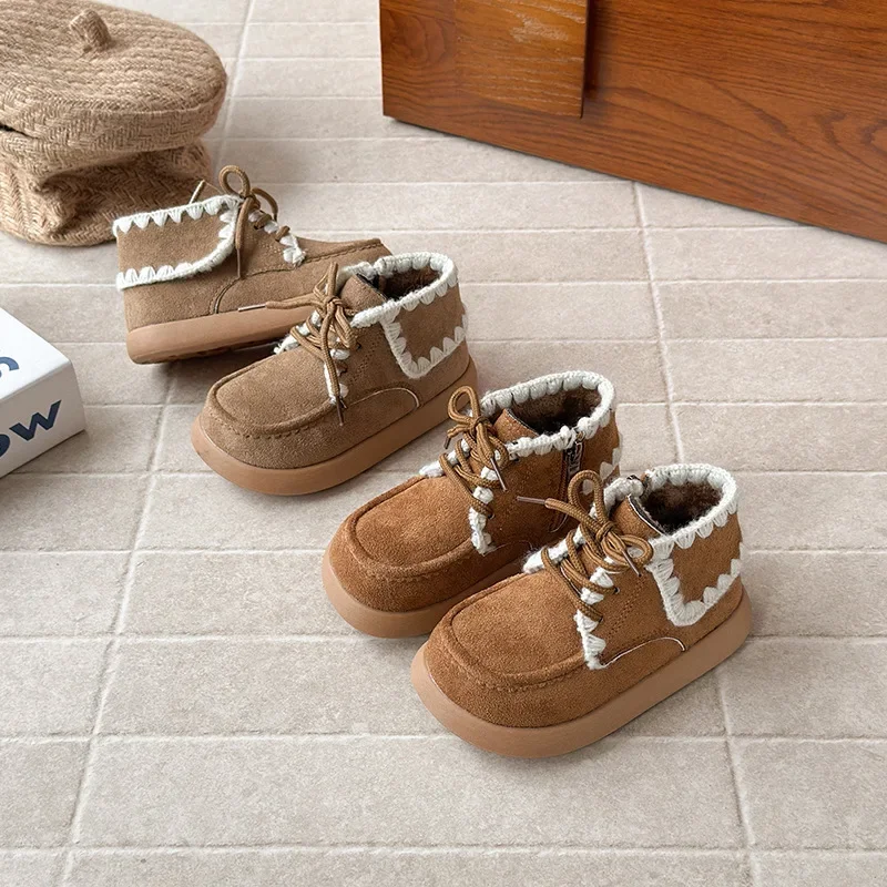 

Зимние теплые ботильоны для девочек, детская хлопковая обувь в стиле ретро на флисовой подкладке, детские зимние ботинки на нескользящей мягкой подошве для маленьких девочек