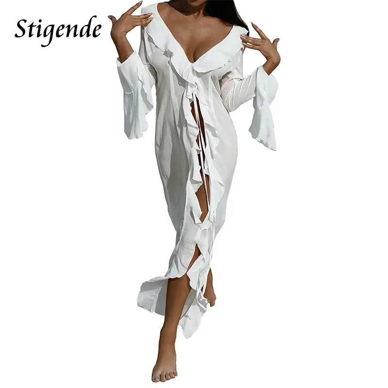 Stigende Beach Long Cover Ups Women Summer Full Sleeve Ruffles Dress
