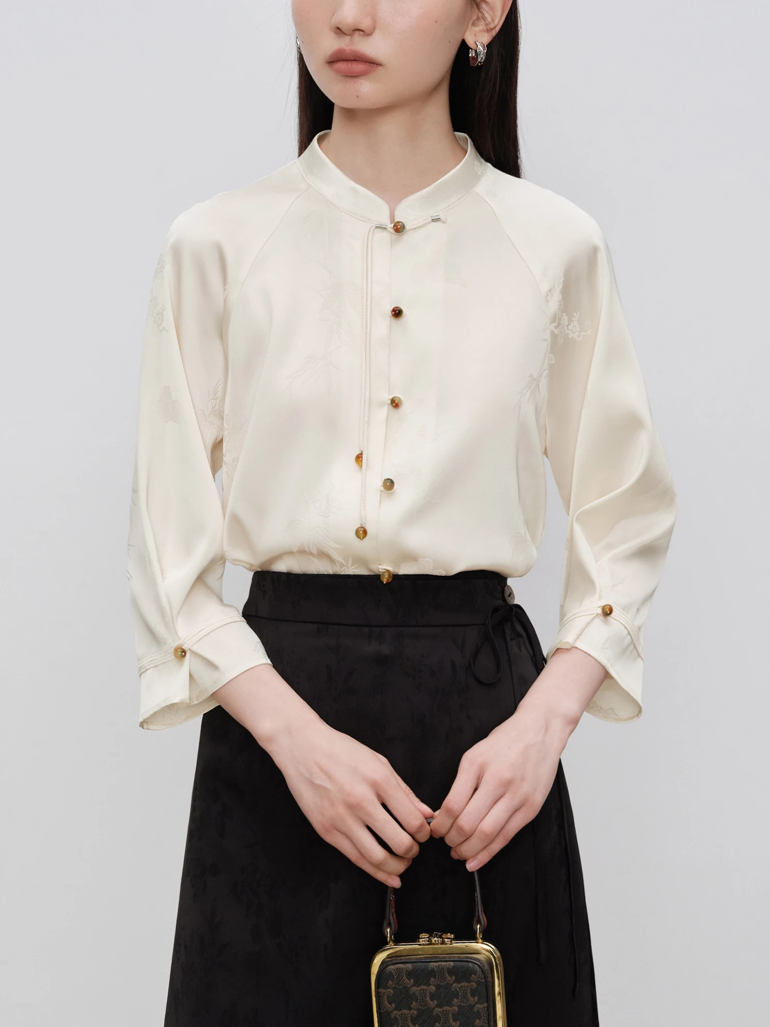 ZIQIAO Chinese Style Women Beige Temperament Blouse Stand Collar Three-quarter Sleeves Female Shirts Single Button Top 24ZQ93125