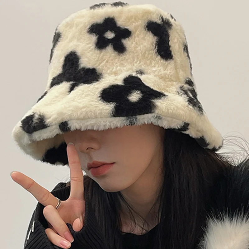 Women Flower Print Plush Bucket Hats Winter Outdoor Keep Warm Hat Ear Protection Fisherman Cap Soft Velvet Furry Panama Caps