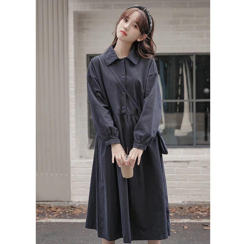 French Preppy Style Women Dress Spring New Vintage Solid Long Sleeve Dress Students Cute Mid Length Y2k Dresses Female