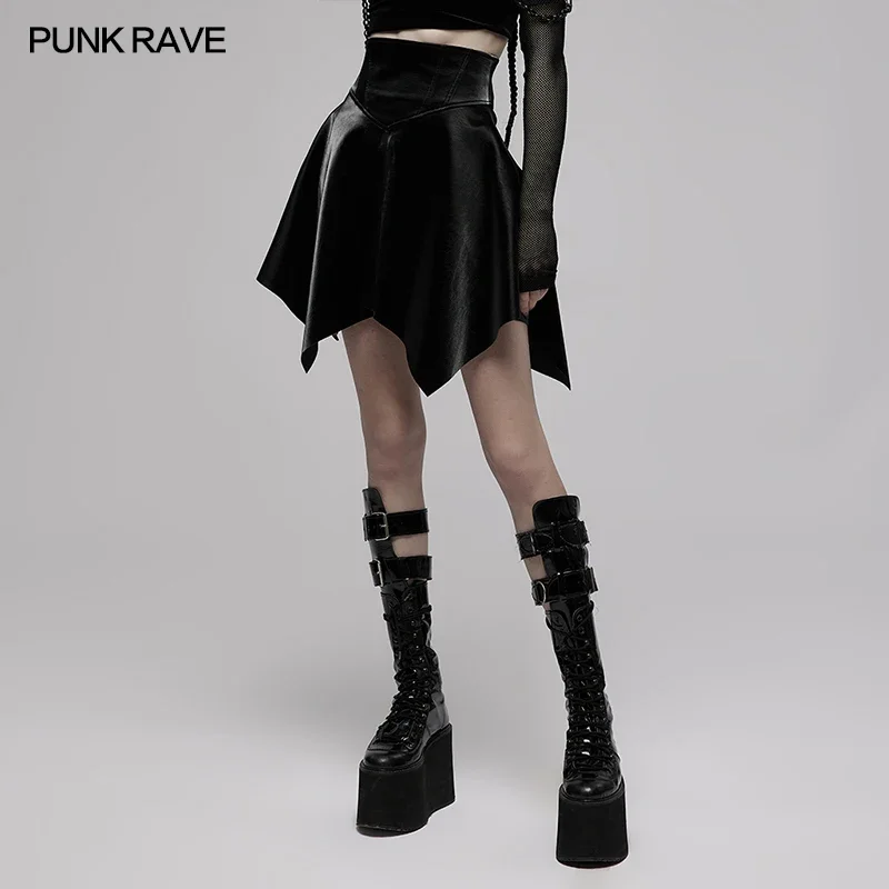 

PUNK RAVE Women's Punk Daily Waist Seal Square Hem Asymmetrical Skirt Gothic Cool Leather High Neat Black Mini Skirts