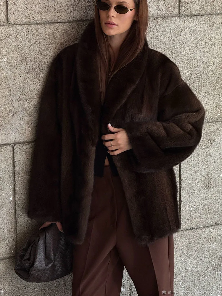 Autumn Winter Women Faux Fur Jacket Chic Elegant Fashion Long Sleeve Waist-Cinching Plush Outerwear Versatile Thicken Warm Coat
