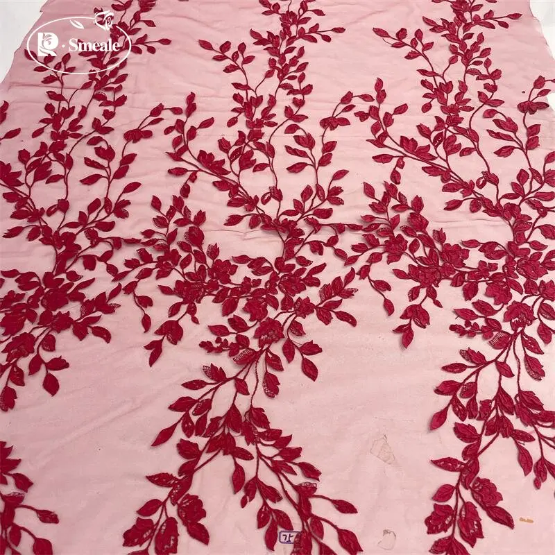 Handmade Leaf Applique Mesh Lace Fabric, Wedding Dress Dress, Long Skirt, DIY Handmade Accessories, Wine Red, Off White, RS4066