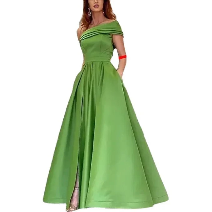 One shoulder satin dress Amazon evening dress birthday party tutu green high split sexy jumpsuit