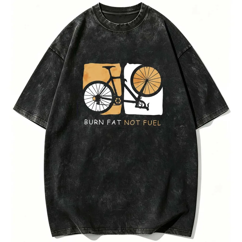 CLOOCL Bicycle Burn Fat Not Fuel Printed T-shirt Premium Heavyweight Retro Washed Tees Harajuku  Summer Short Sleeved Top