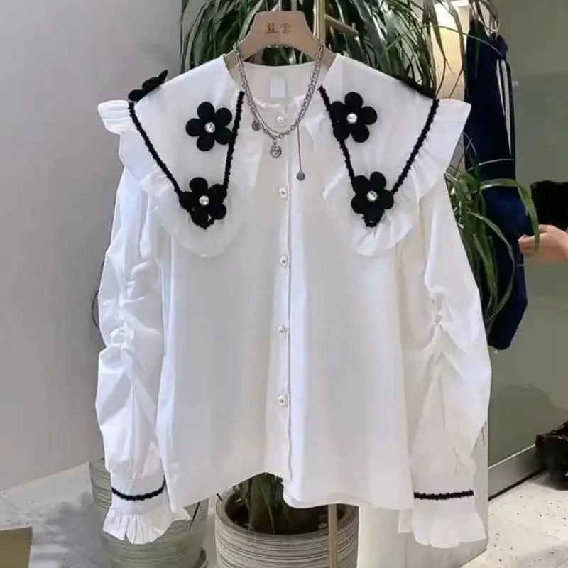 Ruffled Beaded 3D Flower White Shirt Long Sleeve doll  Top Casual Black Blouse Chemise Femme 2024 Fall Camisas Blusas Mujer