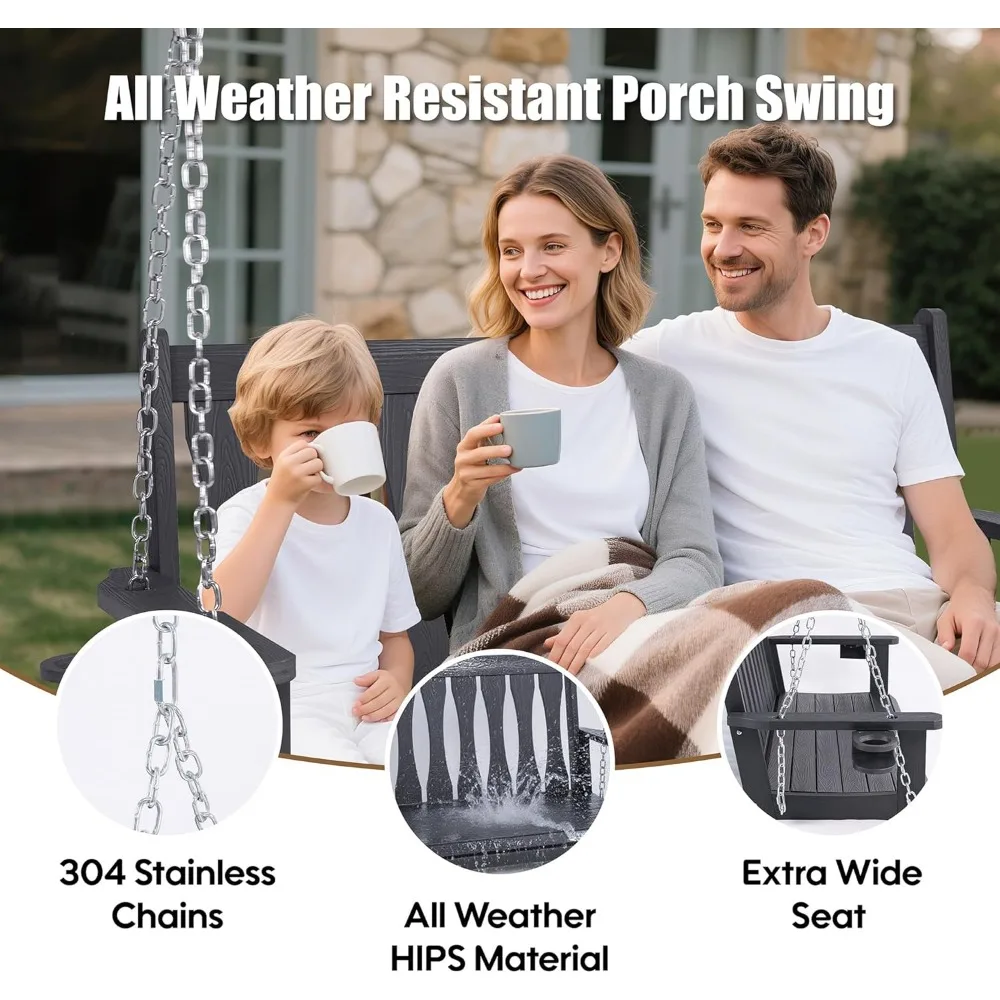 أرجوحة الشرفة المعلقة في الهواء الطلق في جميع الأحوال الجوية، مقعد أرجوحة معلق بمقعدين مع حاملات أكواب، كرسي أرجوحة للفناء مع سلاسل معلقة