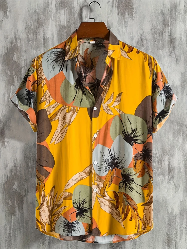 2024 Fashion Leaves Three-dimensional Printing Lapel Shirt Hawaii Casual Short-sleeved Button Down Shirt Summer Loose Mens Shirt