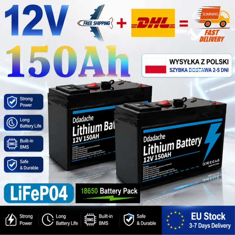 Image of EU-Lagerbestand: 12V 150Ah LiFePO4 Lithium-Batterie mit USB-Anschluss, Deep-Cycle-Solarbatterie für Marine, Fischfinder, Camping und netzunabhängige Solarsysteme