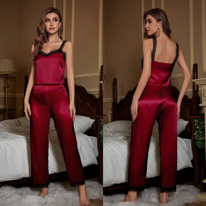 Two Piece Summer Suspender Pajamas Sexy Strap Top&Trousers Pijamas Set Nightsuits Women Silky Satin Sleepwear Home Clothes