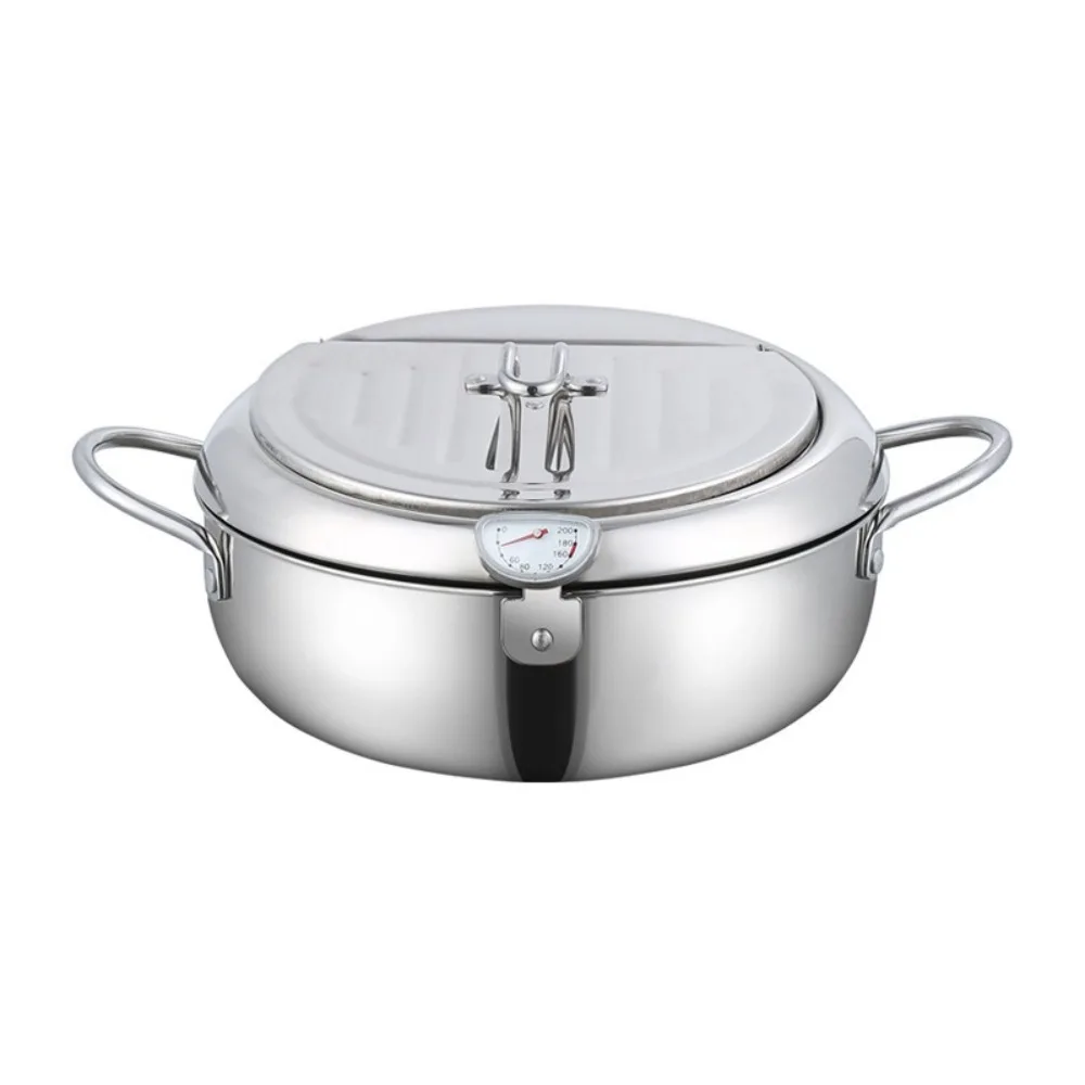 

Thickened Japanese Deep Fryer Pot Stainless Steel Thermometer Tempura Fryer Pan with Lid Oil Saving Deep Frying Pan Kitchen