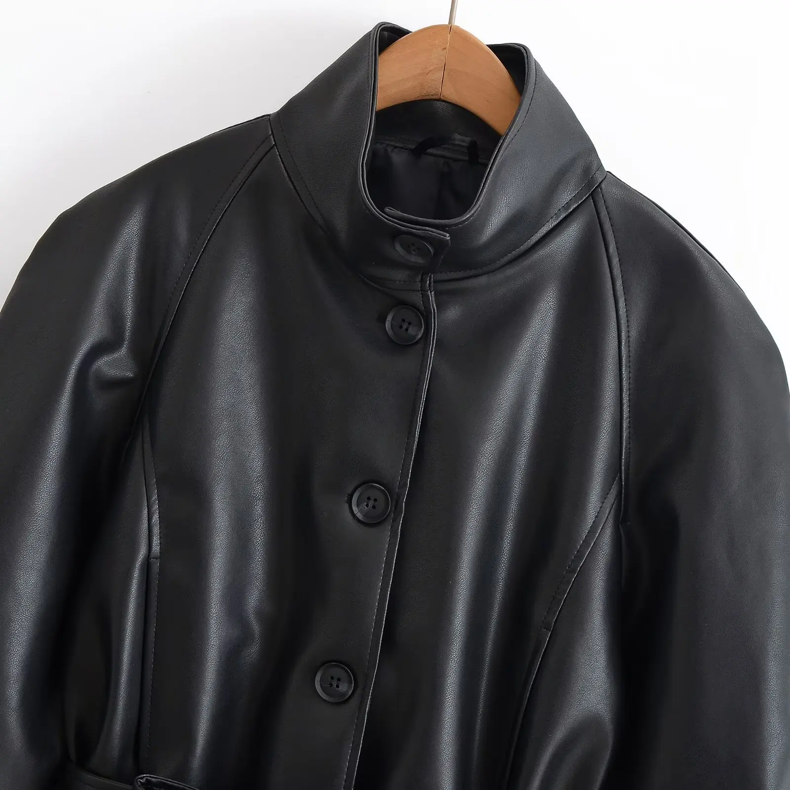 KONDALA Vintage PU Elegante Damenjacke Mode 2026 Herbst Lässig Modern Schick Einreihig mit Gürtel Streetwear Oberbekleidung – Detail 4