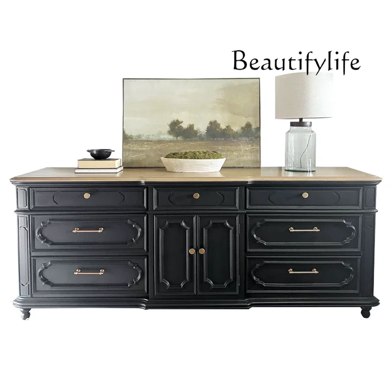 French retro contrasting color TV cabinet solid wood porch decorative cabinet American living room storage household bedroom