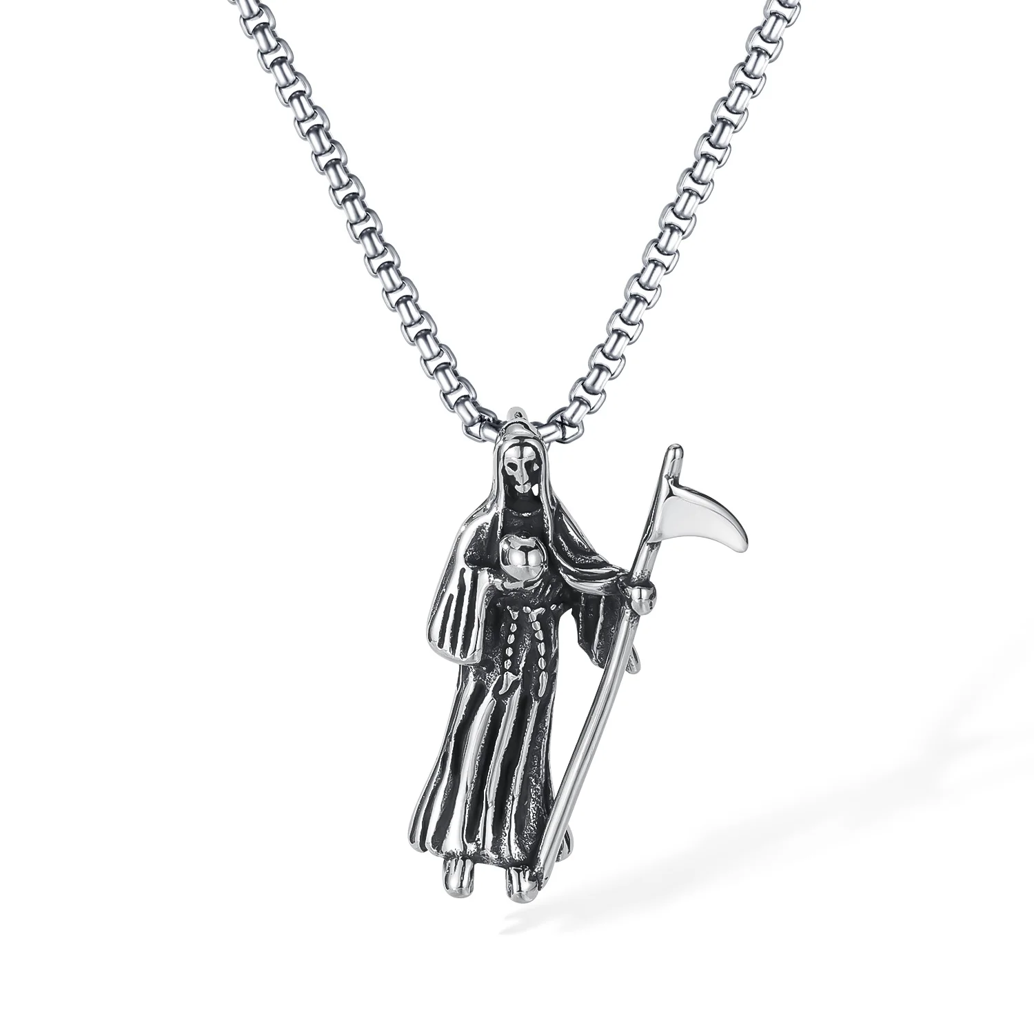

Men’s Reaper Scythe Pendant Necklace – Retro Punk Stainless Steel Grim Reaper Charm Chain