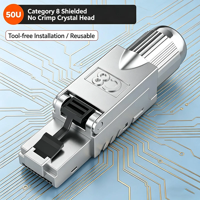 CAT.6A/7/8 Tool-Free RJ45 Connector, 10Gbps No-Crimp Shielded Ethernet Plug, 50U Gold-Plated Reusable Crystal Head