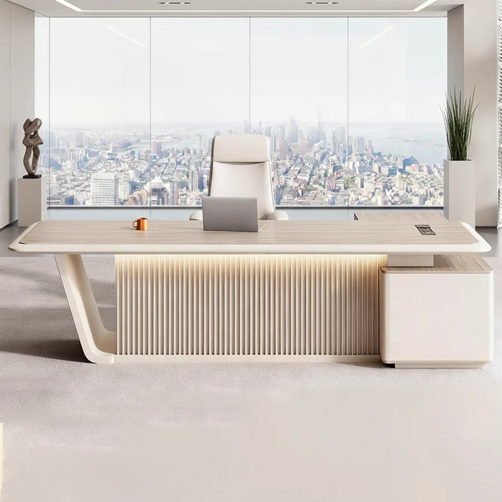 Luxury Durable Executive Office Desk Modern Boss Desk With 50mm Thick Wood Top USB Ports Side Cabinet And Hospital Use