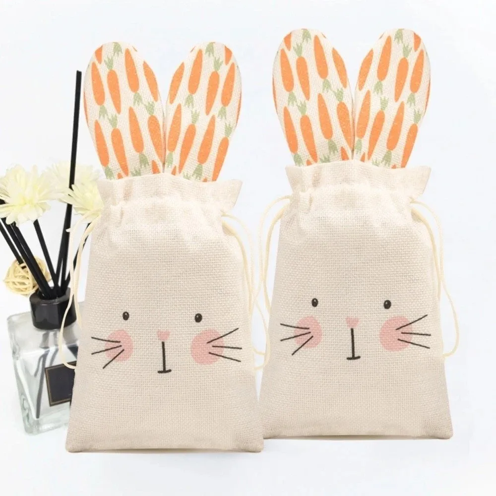 

Cute Easter Bunny Ears Bags Burlap Festival Rabbit Candy Bags Carrot Drawstring Gift Bags For Easter Party Decoration