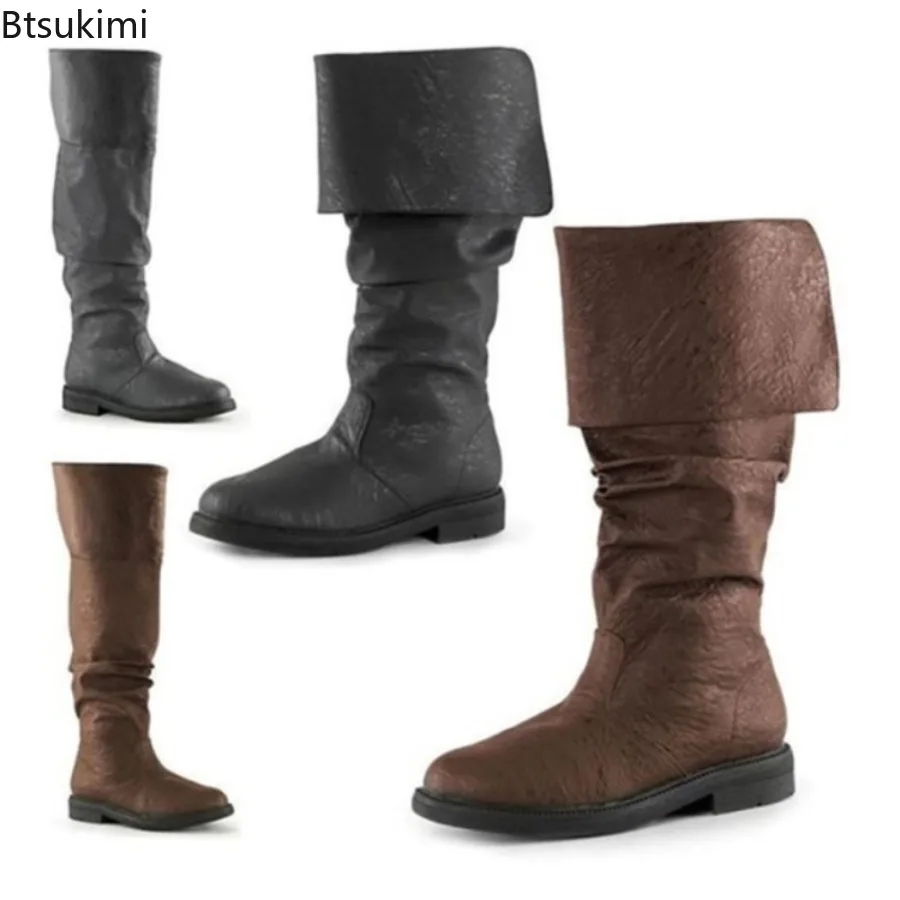 

2025 Men's Autumn Winter Medieval Shoes Thigh-high Boots Flat Boots Retro Cowboy Boots Faux Leather Black Brown Boot 34-50 Size