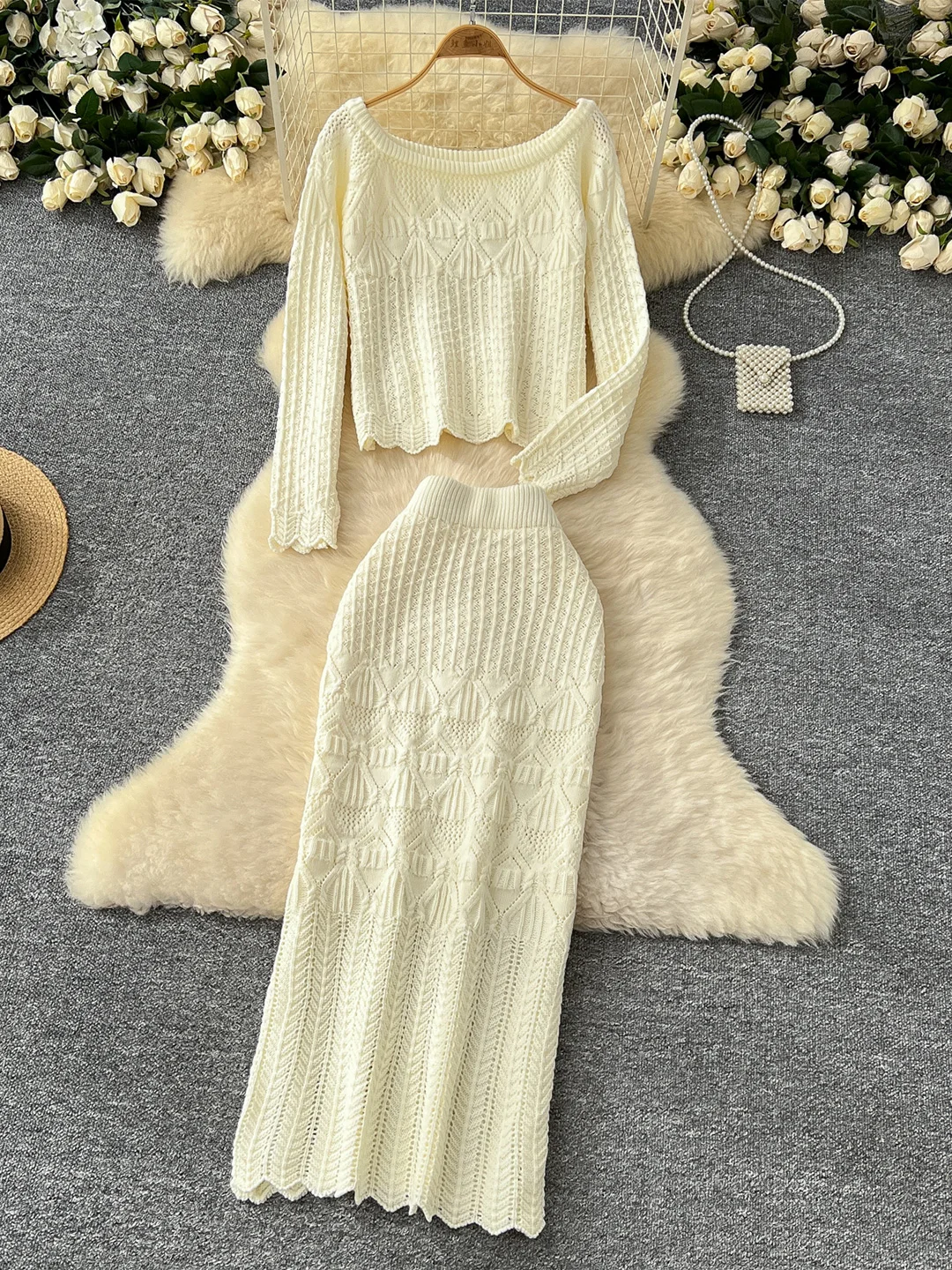Croysier Skirts Sets Womens Outfits Cozy Casual Knitted Two Piece Set Women Cropped Sweater Pullover And Midi Skirt Co Ord Set