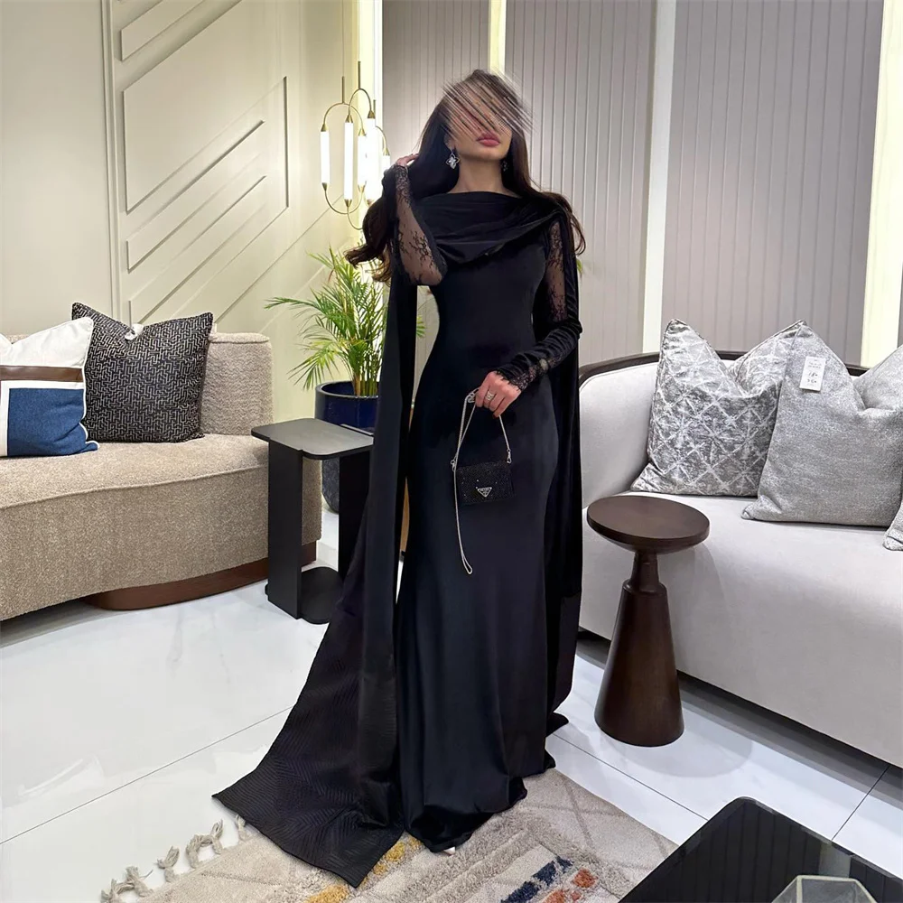 

Tarot Black Long Lace Sleeves O-Neck Saudi Prom Dresses Velour Mermaid Evening Gowns For Women Floor-Length Dinner Party Dress