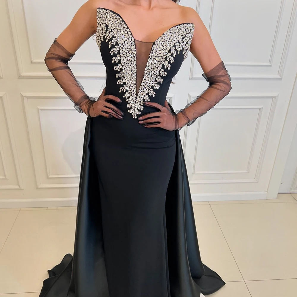 Customized Exquisite Detachable Sleeves Panel Train Pleats Crystal Evening Dresses Classic Sweetheart Black Satin Party Gowns