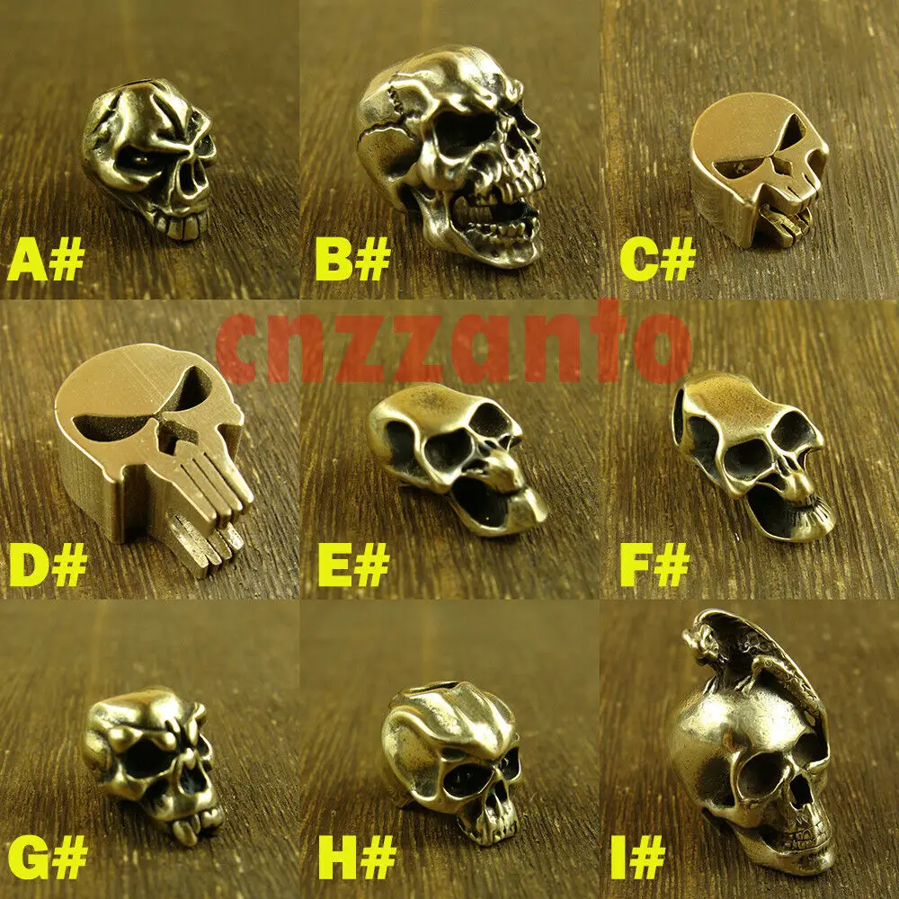 9 styles Solid Brass Skull Statue lanyard bead paracord beads for DIY knife tool Ornaments