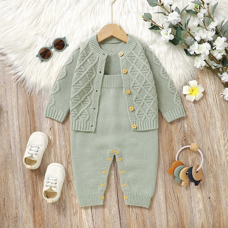 Newborn Baby Clothes Set Knit Infant Girl Boy Sweater Long Sleeve+Sling Romper Autumn Child Cardigan +Jumpsuit 2PC Fashion Solid