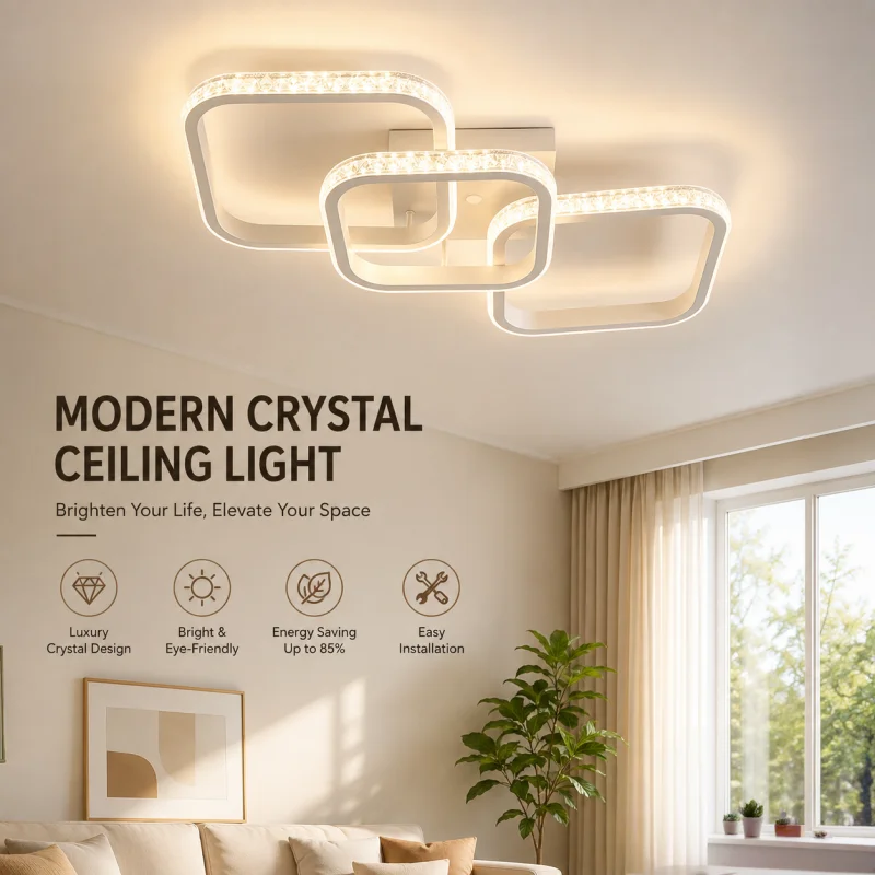 LED Chandelier Three Colors Ceiling Light, Modern Crystal Ceiling Lamp for Bedroom Living Room Dining Room Home Decor Fixtures