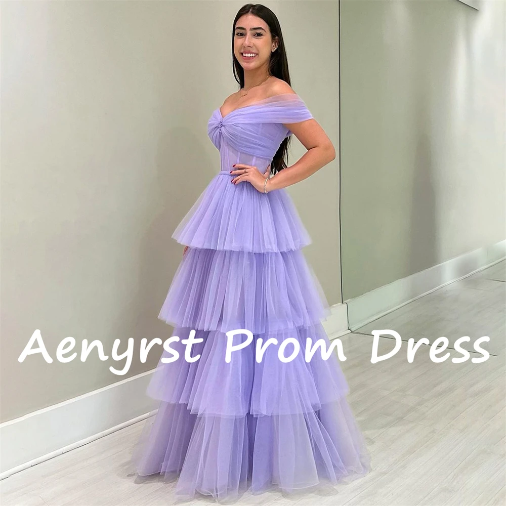 Aenyrst-vestido de fiesta de tul con hombros descubiertos para mujer, traje de noche escalonado, longitud hasta el suelo, color púrpura