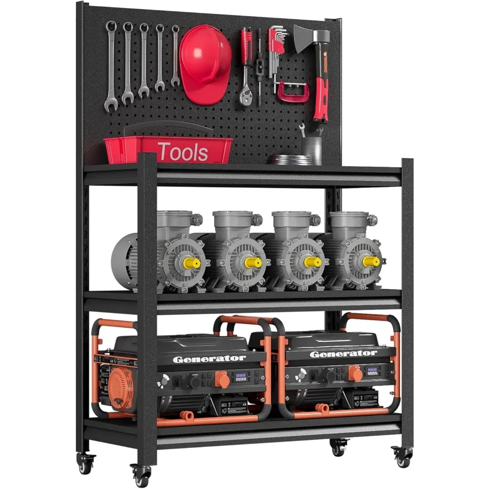 

48" H Metal Garage Workbench with Pegboard,3-Tier Roling Tool Work Bench,Adjustable Heavy Duty Work Table on Wheels