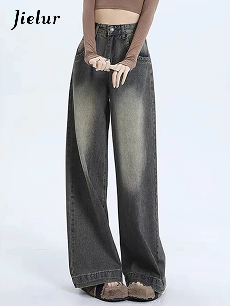 

Spring Fashion Washed Vintage Chicly Distressed Women Jeans American High Waist Street Casual Full Length Female Wide Leg Pants