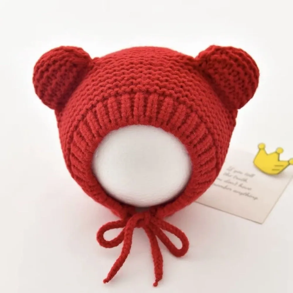 

New Warm Knitted Hat Coldproof Cute Bear Pullover Cap Windproof Pompom Beanie Hat Autumn and Winter
